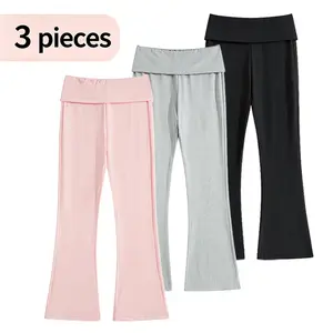 3-Pack Women’s High-Waist Slightly Flared Casual Pants, Yoga Athletic Long Pants with Folded Waistband