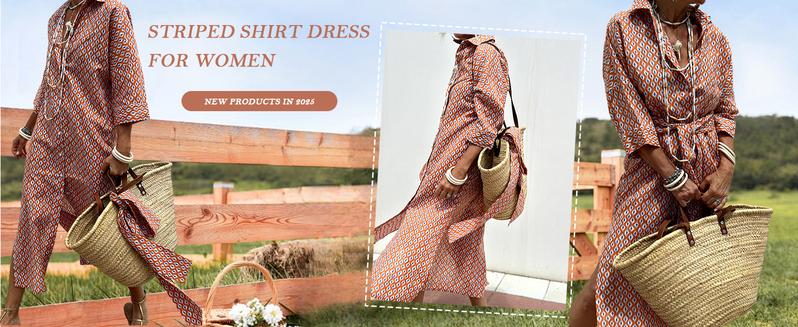 【New Arrival】Ebossy Womens 2026 Shirt Dress Casual Lapel 3/4 Sleeve Button Down Split Belted Vacation Maxi Dress