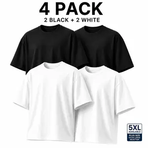 Menswear 4-Pack Loose Short-Sleeve Tshirts ($16.99), Unisex Plus Size Minimalist Plain Crew Neck Cotton Tops - 2 Black, 2 White, 5XL Available, Casual Streetwear Shirt Set