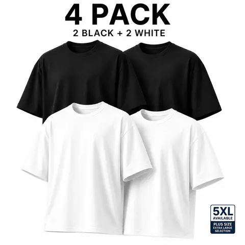 Men's Soft Cotton Crew Neck (Round Neck) Tees - 4-Pack (2 Black, 2 White) Short-Sleeve, Loose Fit Retro Casual Streetwear, Plus Size, No Graphic, 8-Pack (8 White) New Year Option