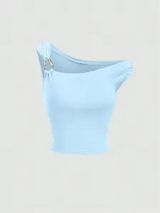 Women's Metal Buckle Patchwork Asymmetrical Neckline Off-Shoulder Slim Fit Pure Color Solid Minimalist Trendy Top, European and American Style Fashion