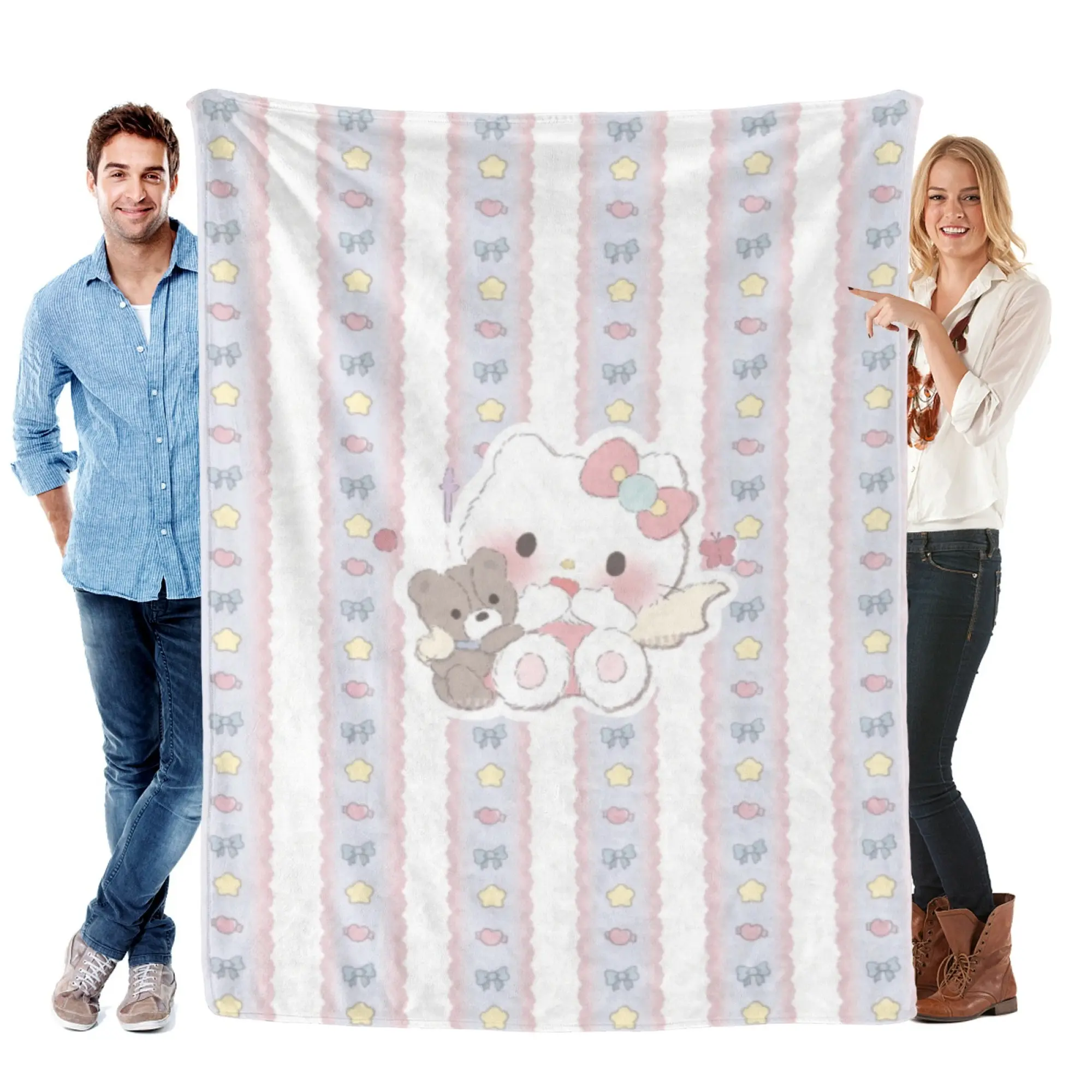 [SummerVibes] SANRIO CLASSIC Hello Kitty Pastel Soft Flannel Blanket - Warm, Lightweight with Vibrant 2D Kawaii Print, Cozy Throw for Sofa, Bed & Office Nap