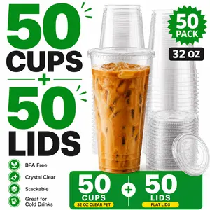 50 Set Clear Plastic Cups, 16/24/32 OZ Disposable Iced Coffee Cups with Flat Lids, Smoothie Cups, PET Crystal Party Cups, Cold Beverages Drinking Cups for Thanksgiving, Halloween, Christmas