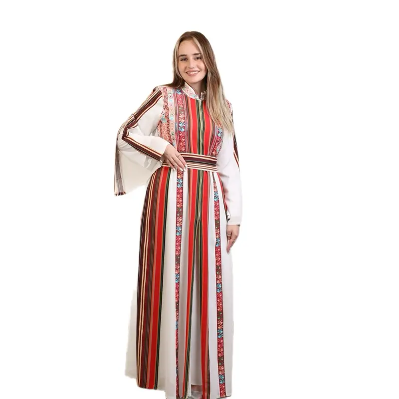 Women's 3-Piece Kaftan Set, Embroidered Colorful Striped Open Abaya with Inner Dress and Hijab, Long Sleeve Modest Wear for All Seasons, Modesty, Embroidery, Colorful Stripes, Cultural Heritage