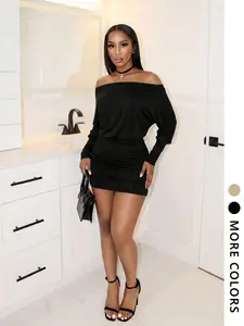 Women's Long Sleeve Off-Shoulder Dress, Elegant Chic Fitted Y2K Casual Style, Perfect Short Dress for Fashion Lovers in All Seasons Casual Wear