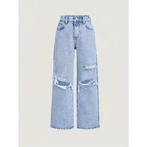 Girl Jeans Fashion Snowflake Washed Hole Design Wide Leg Jeans Can be used with raincoat