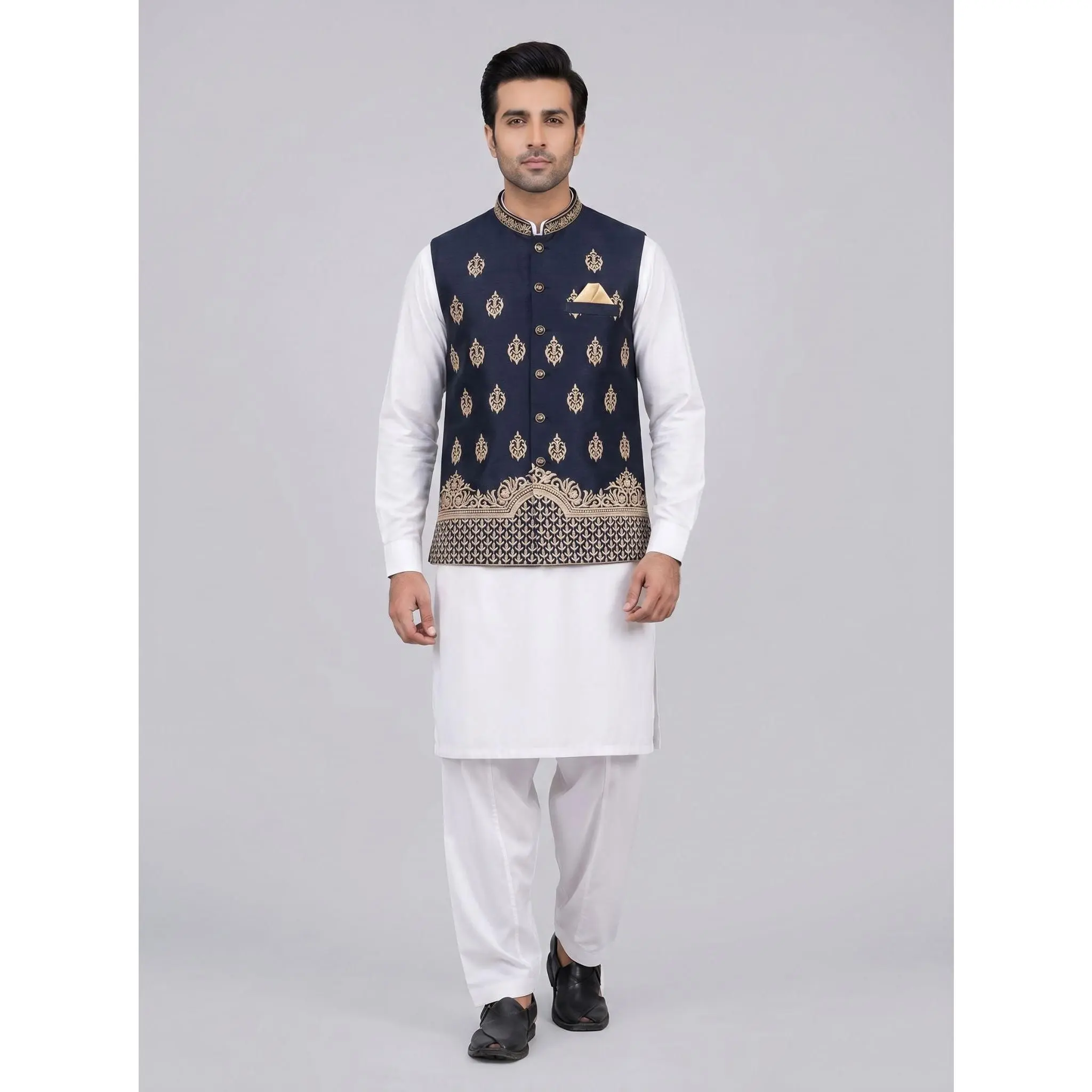 Men's High Quality Embroidered Navy Blue Waistcoat - Classic Cut, Traditional Gold Details, Sleeveless, All Seasons Modest Formal Male Versatile Wear for Suits, Embroidery, High Quality Embroidered Waist Coat