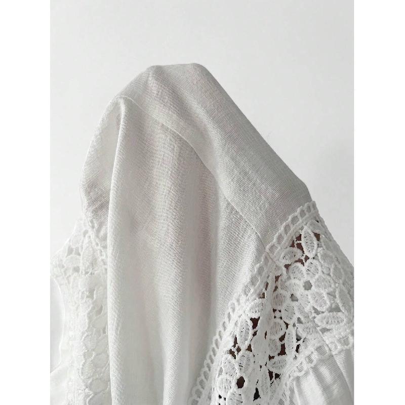 Women's Solid Color and V-neck Short-Sleeved Lace Skirt Dress White Dress for Summer 2025 Elegant Fabric Embroidery Fit High Waist Womenswear