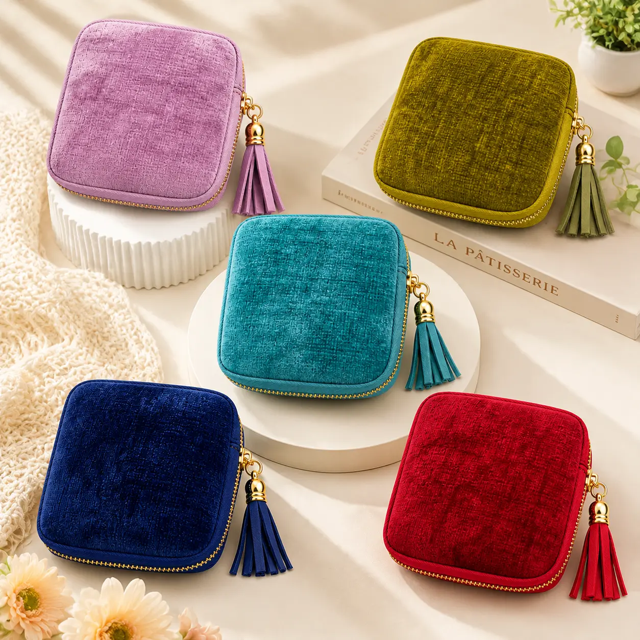 Tassel Travel Jewelry Bag for Women, Portable Zippered Jewelry Organizer Pouch with 5 Compartments, Velvet Satin Lining Storage Case for Rings, Earrings, Bracelets, Necklaces and Gifts