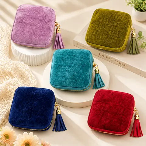 Tassel Travel Jewelry Bag for Women, Portable Zippered Jewelry Organizer Pouch with 5 Compartments, Velvet Satin Lining Storage Case for Rings, Earrings, Bracelets, Necklaces and Gifts