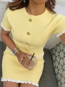 Women's summer casual elegant short-sleeved ruffled round-neck knitted two-piece set, suitable for daily life and festivals Fitted Womenswear