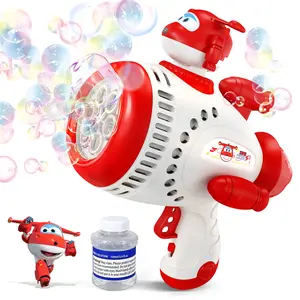 Super Wings Bubble Gun Blaster with Bubble Refill Solution for Kids, Bubble Machine with Jett Figure for Toddlers, Bubble Blaster for Wedding Birthday Party, Bubble Maker for Summer Outdoor Backyard