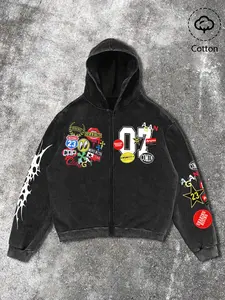 Men's Trendy Cotton Zip Hoodie, Patchwork Print Design, Vintage Fabric, Daily Casual Wear, Street Fashion Preferred Choice