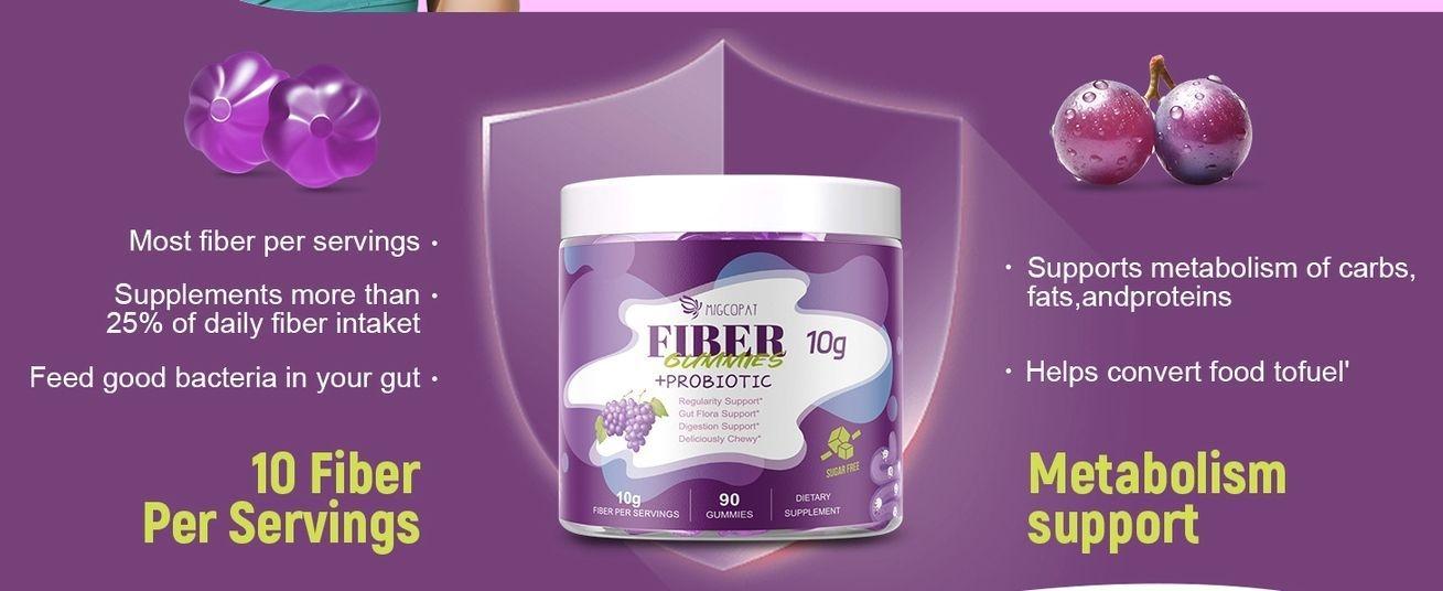Migcopat 10G Fiber Gummies for Adults, No Sugar Added Grape Flavor, Fiber Supplement with 30 Billion CFU Probiotics Blend, ACV, Vitamin C, Inulin, Support Digestive Health, 90 Count