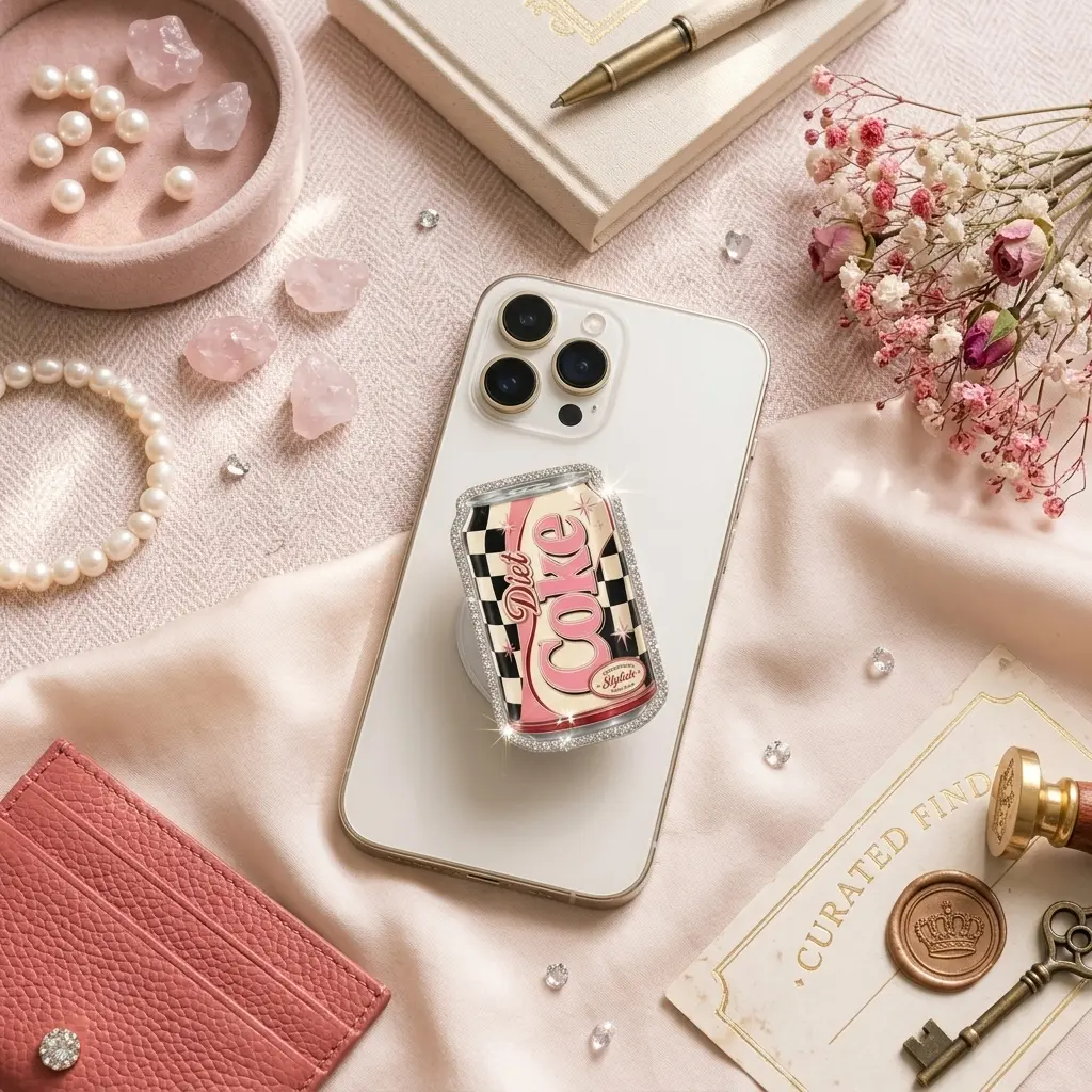 Cute Retro Pink Soda Can Magnetic Phone Grip | Vintage Checkerboard Rhinette Aesthetic Phone Holder