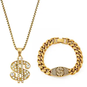 Gold Plated Stainless Steel Dollar Sign Rhinestone Pendant Necklace, Corn Link Chain Bling Jewelry, Hip Hop Streetwear Accessories, Aesthetic Daily Essentials For Men & Women, Nightclub Casual Outfit Decor