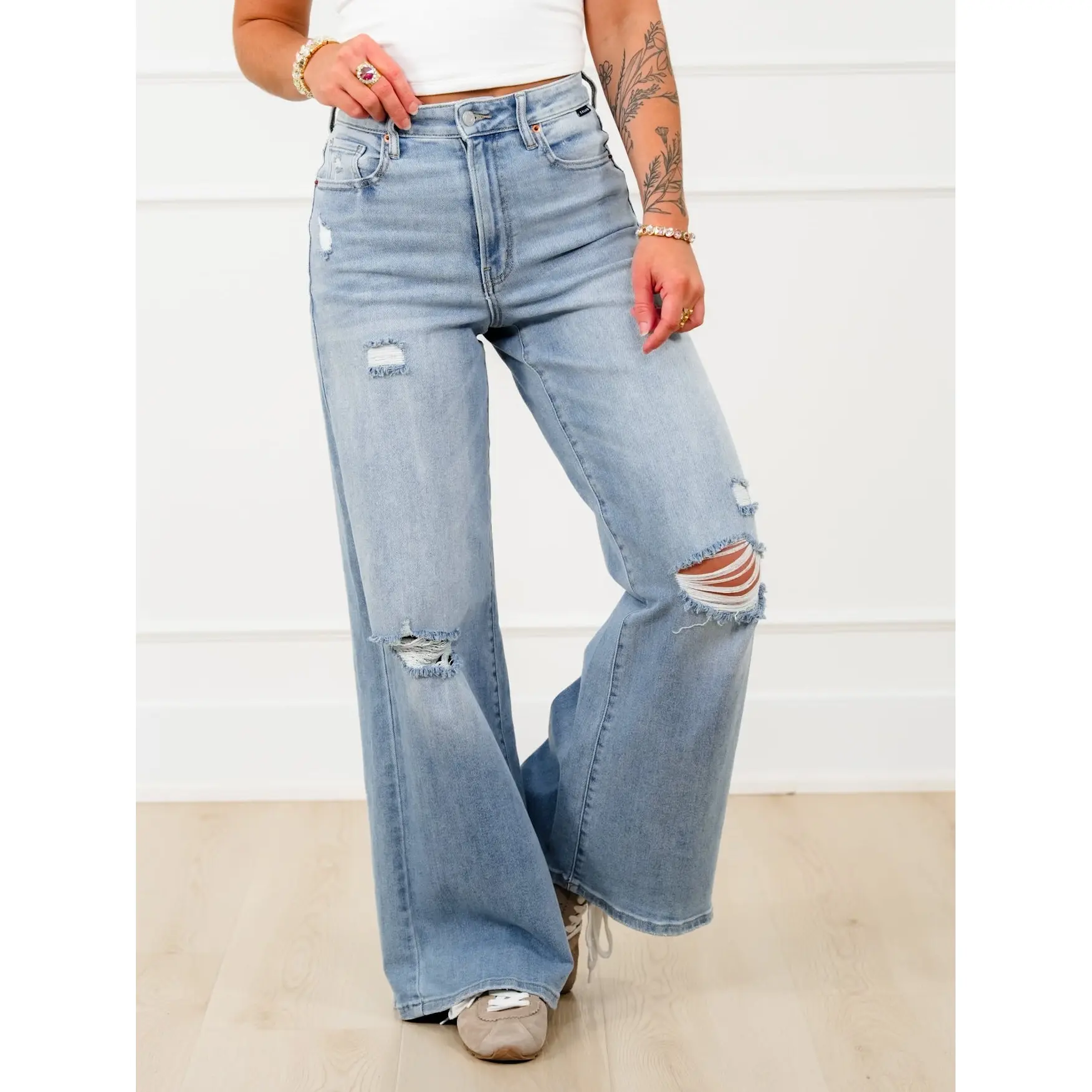 Cello High Rise Light Wash Distressed Wide Leg Jeans