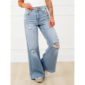 Cello High Rise Light Wash Distressed Wide Leg Jeans