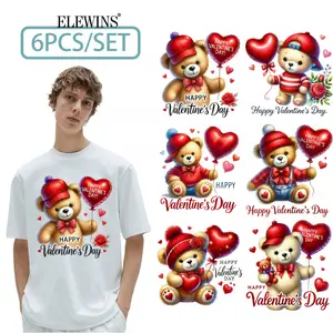 Cute Bear Valentine DTF Iron on Stickers 6 Pcs Diy Kit Heart Design Vinyl Heat Transfer for DIY Tshirts Hoodies Jeans Backpacks Machine Washable Diy Rose Flower Craft