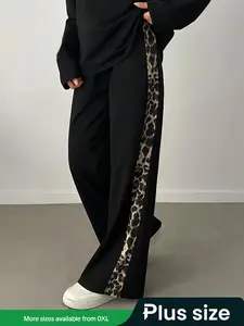 Plus Size Wide Leg Pants for Women, Side Leopard Print Panel, Casual Daily Wear, Trendy Street Style for Effortless Chic