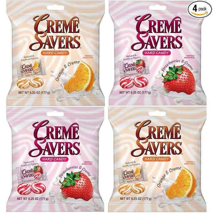 Creme Savers Assorted Candy 6.25 oz Bag - Sweet Flavor Variety Pack With Strawberry & Orange Flavors, Coconut Oil, Glycerin, Milky Cream Hard Candy Snack,