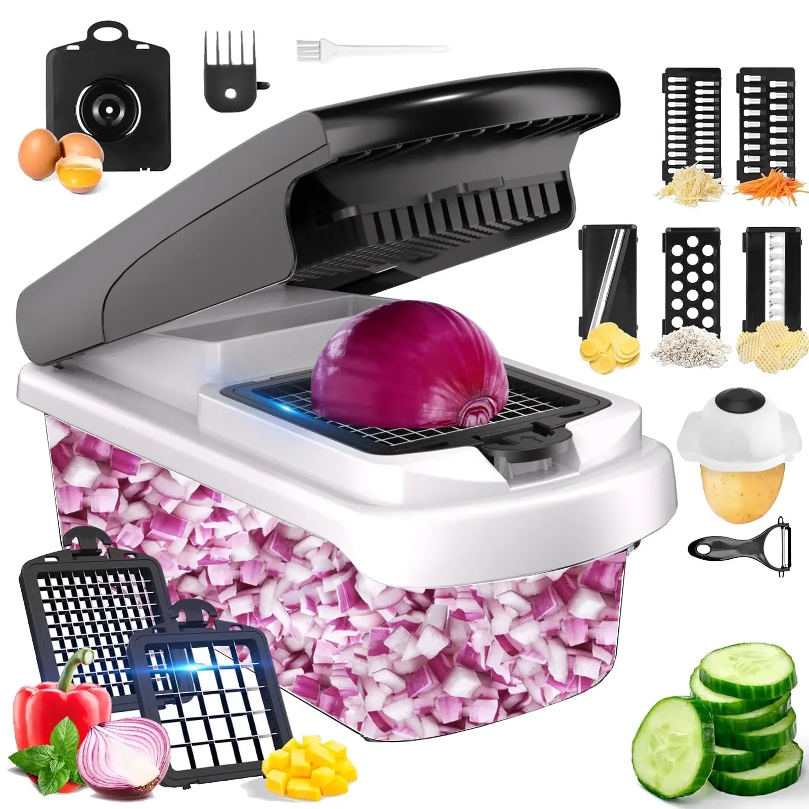 Aonhom Vegetable Chopper Food Slicer, 15 in 1 Multi-Function Food Chopper for Onion, Veggie, Cheese Grater, Vegetables Cutter with Large Container, Kitchen Gadgets (White)