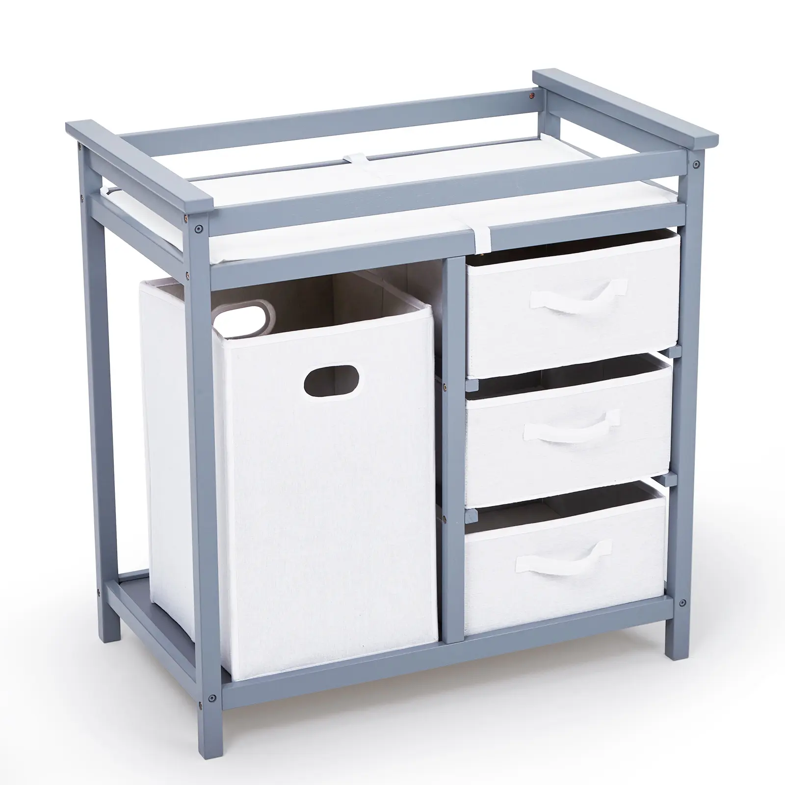 Wooden Baby Changing Table,Modern Diaper Changing Table,Infant Diaper Station Dresser with Laundry Hamper, 3 Drawer Basket- Storage Organizer for Baby Clothes, Diapers & Toys, Grey/Brown