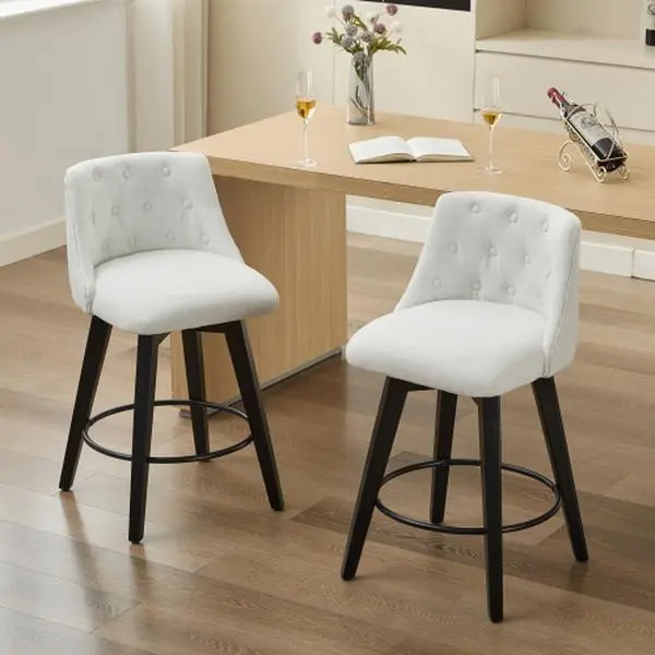 360° Swivel Bar Stools Set of 2, Modern 25" Counter Height with Stain-Resistant Linen & Button Tufted Back, Solid Wood Frame Barstools for Kitchen Island, Cafe, Home Bar (White)