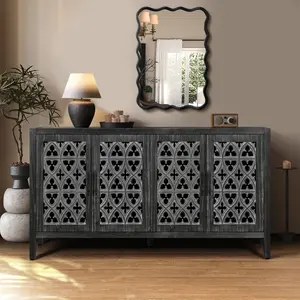 Roomfitters Hollow Four Door Antique Cabinet, American Country Style, Suitable for Living Room, TV Cabinet, Kitchen, Antique Black