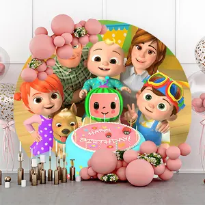 Hobaner 6.5FT Round Cartoon Cocomelon Birthday Backdrop Cute Watermelon Cake Family Birthday Baby Shower Party Decoration for Boys and Girls
