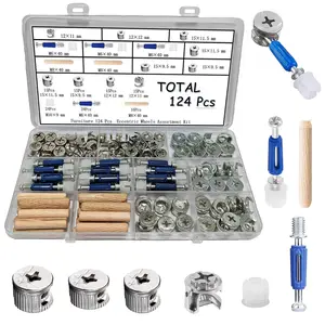 124 Pcs Cam Lock Screws and Nuts,Cam Locks for Furniture Hardware Spare Parts, 3 in 1 Cam Connecting Fittings, Bolts dowels, Twist Lock Fasteners for Cabinet Drawer Dresser