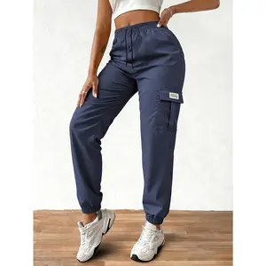 Women's Cotton 3-Season Lightweight Cargo Pants - Adjustable Waist, Flap Pockets, Solid Color Long Trousers, Casual Comfy Joggers, Easy-Care Workwear for Casual, Outdoor Use