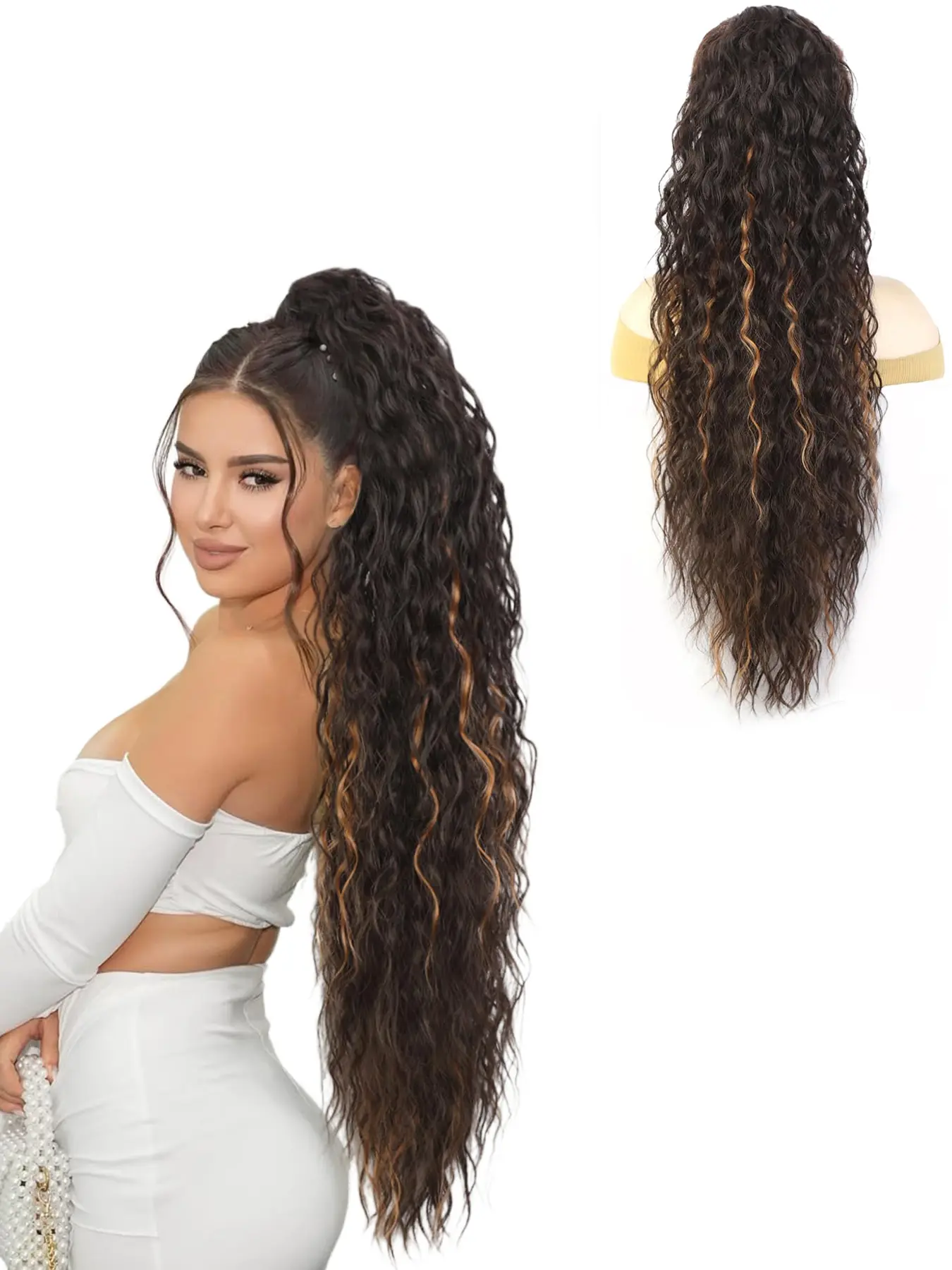 Women's Long Wavy Water Wave Curly Claw Clip Ponytail Extension, Wavy Curly Ponytails, 16 Inch Synthetic Hairpiece for Halloween & Christmas, All-Season Fashion Accessory, Synthetic Extensions, Synthetic Hair Wigs, Synthetic Hair Pieces, Wavy Hairpieces