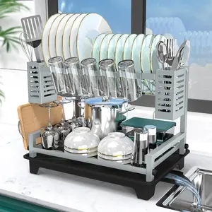 Dish Drying Rack, 2 Tier Dish Racks for Kitchen Counter, Large Dish Drying Rack with Drainboard & Utensil Holders, Rust-Proof Dish Drainers,Kitchen Organization