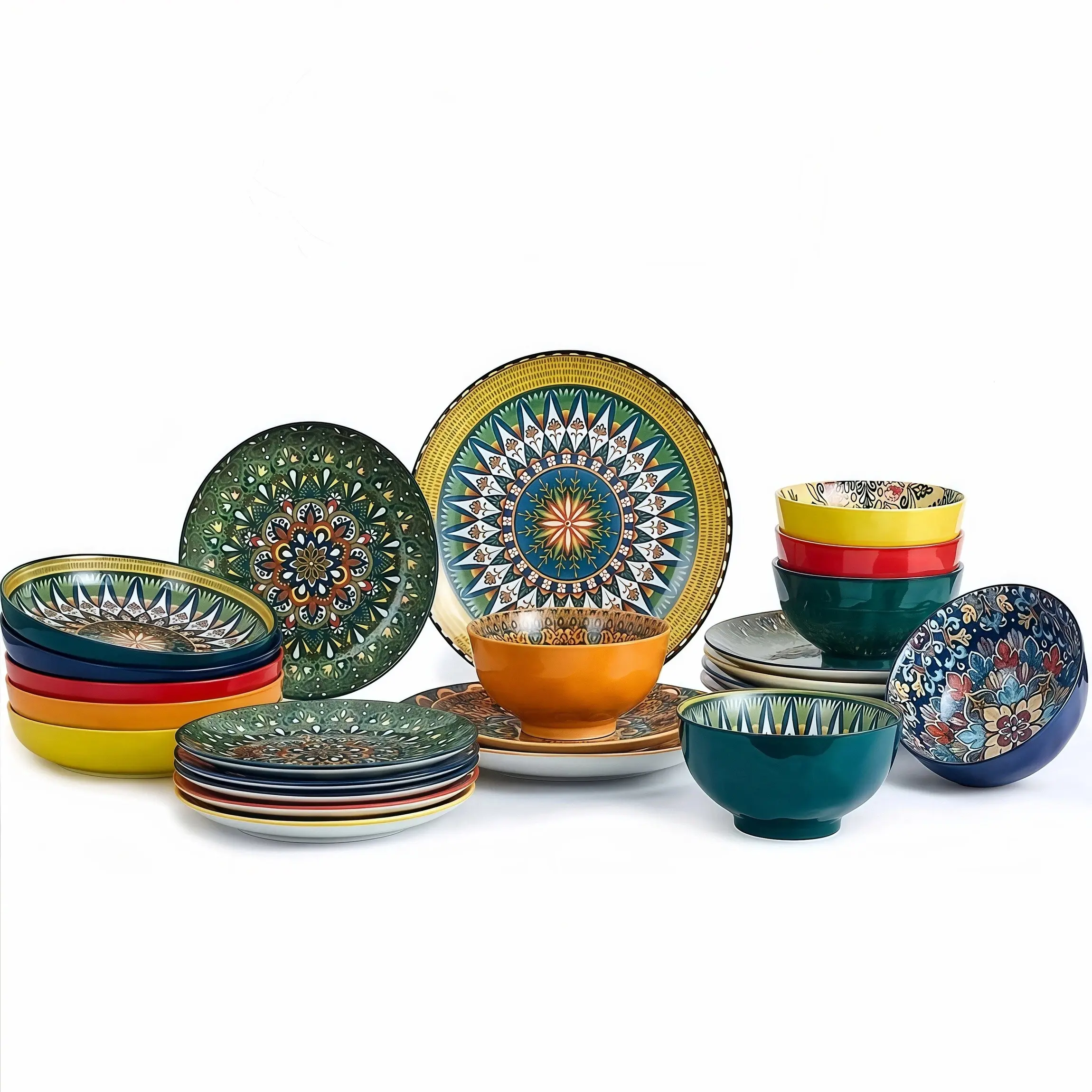 Taufikt 24-Piece Bohemian Floral Print Ceramic Tableware Dinnerware Set - 6-Person Bowls and Plates Set, Scratch-Resistant, Microwave-Safe, Dishwasher-Safe, Ceramic Set