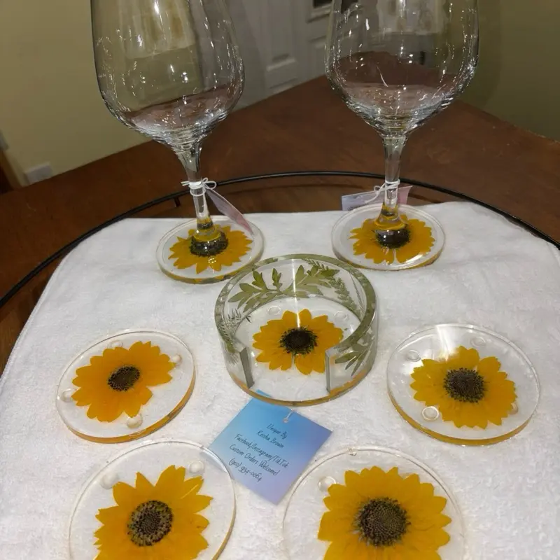 Epoxy Resin Sunflower Wine Glass Set with 4-Pc Coaster and Coaster Holder