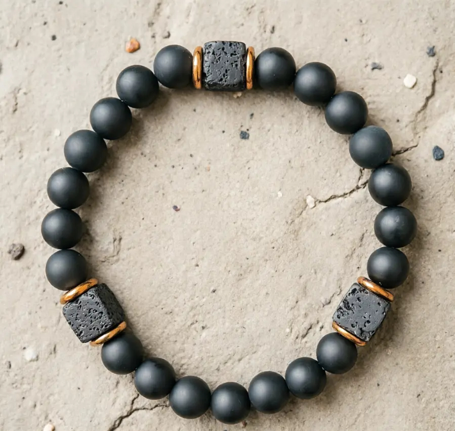 Men's Elegant Black Onyx, Lava Rock Beaded Bracelet - Sports & Outdoor Wristband for Grounding, Protection | Spiritual Yoga Meditation Accessory, Elegance