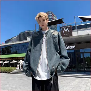American Distressed Washed Denim Jacket For Men In Spring And Autumn Trendy Brand Design Loose Niche Embossed Harrington Jacket