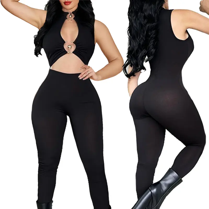 Women's Solid Color Sleeveless High-Waist Ruched Body-Fit Elasticity Jumpsuit - Sexy Hollow Belly-Exposed Sporty Chic Yoga Pilates Gym Outfits, Women's Fashion Activewear, Overalls Suit