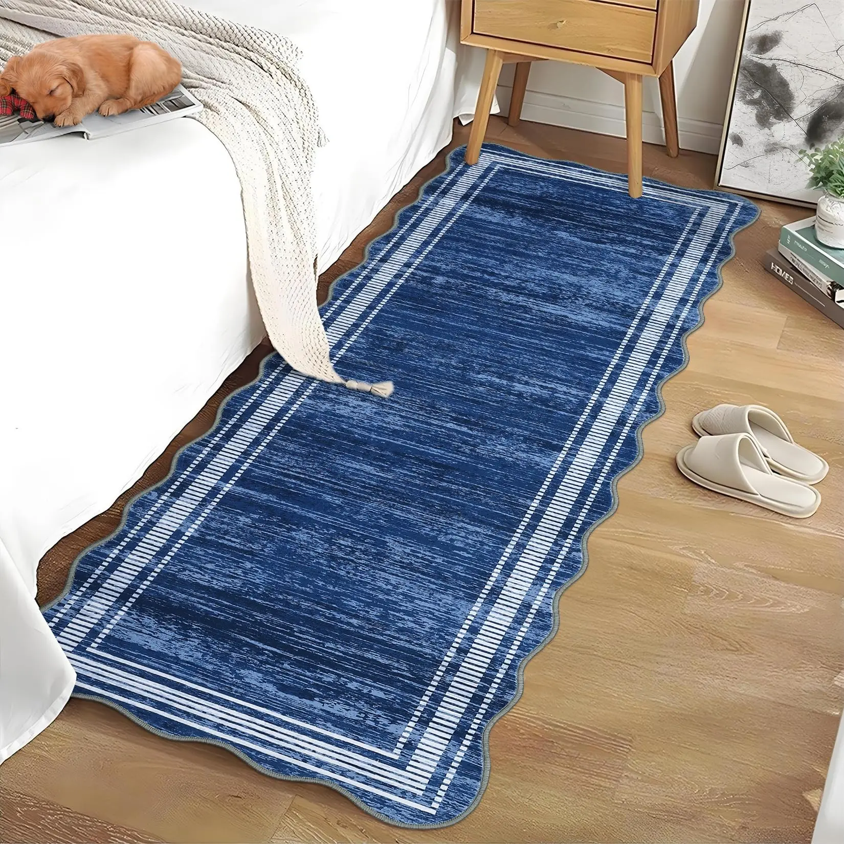 GARVEE Modern Solid Scalloped Runner Rug  2x6 Kitchen Runner Rug Contemporary Carpet Machine Washable Stain Resistant Floor Cover For Living Room Bedroom Hallway Laundry,Navy