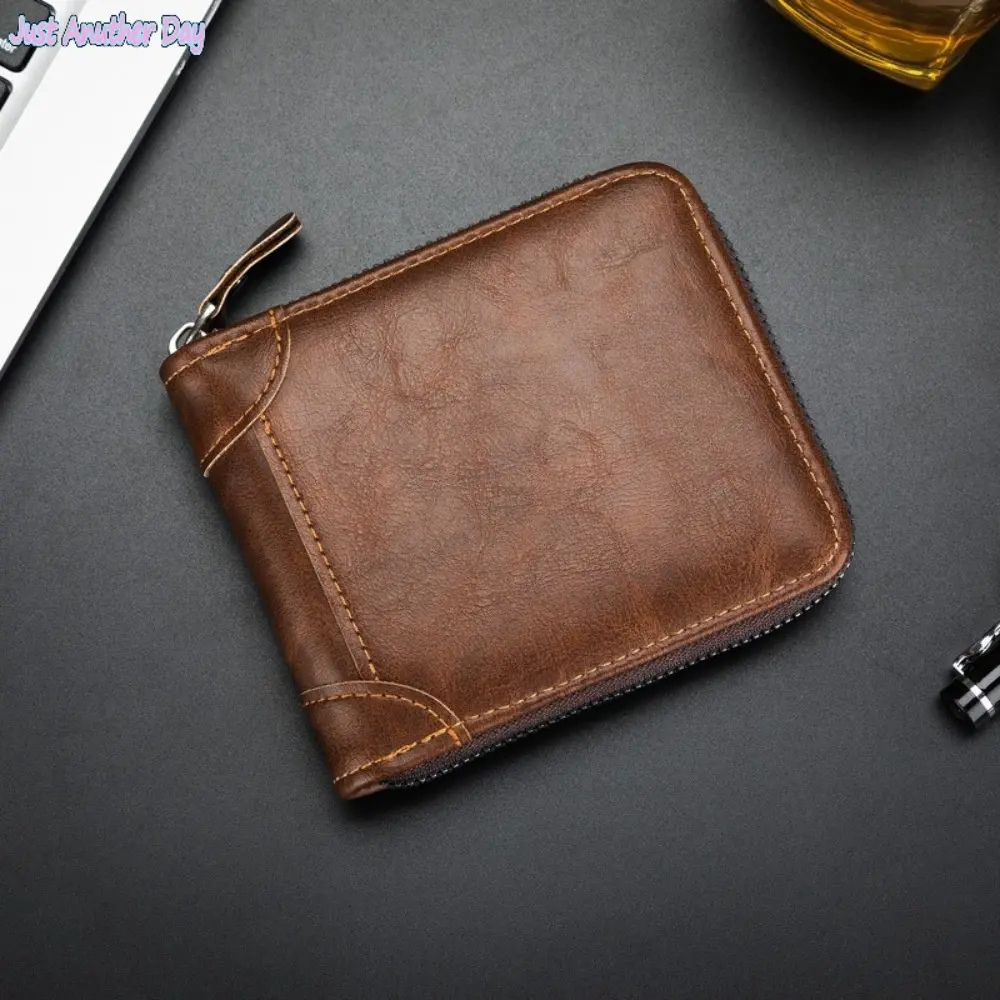 Men's Vintage Genuine Leather Bifold Wallet - Short-Size Driver's License Holder, Simple Casual Multi-Functional Zippered Card Sleeve for Camping, Hiking