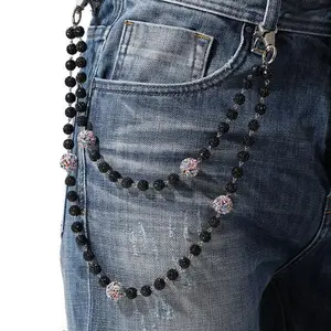 High-end men's pants chain clay diamond ball fashion hip-hop waist chain handmade curved needle body chain jeans chain beaded round belly button ring