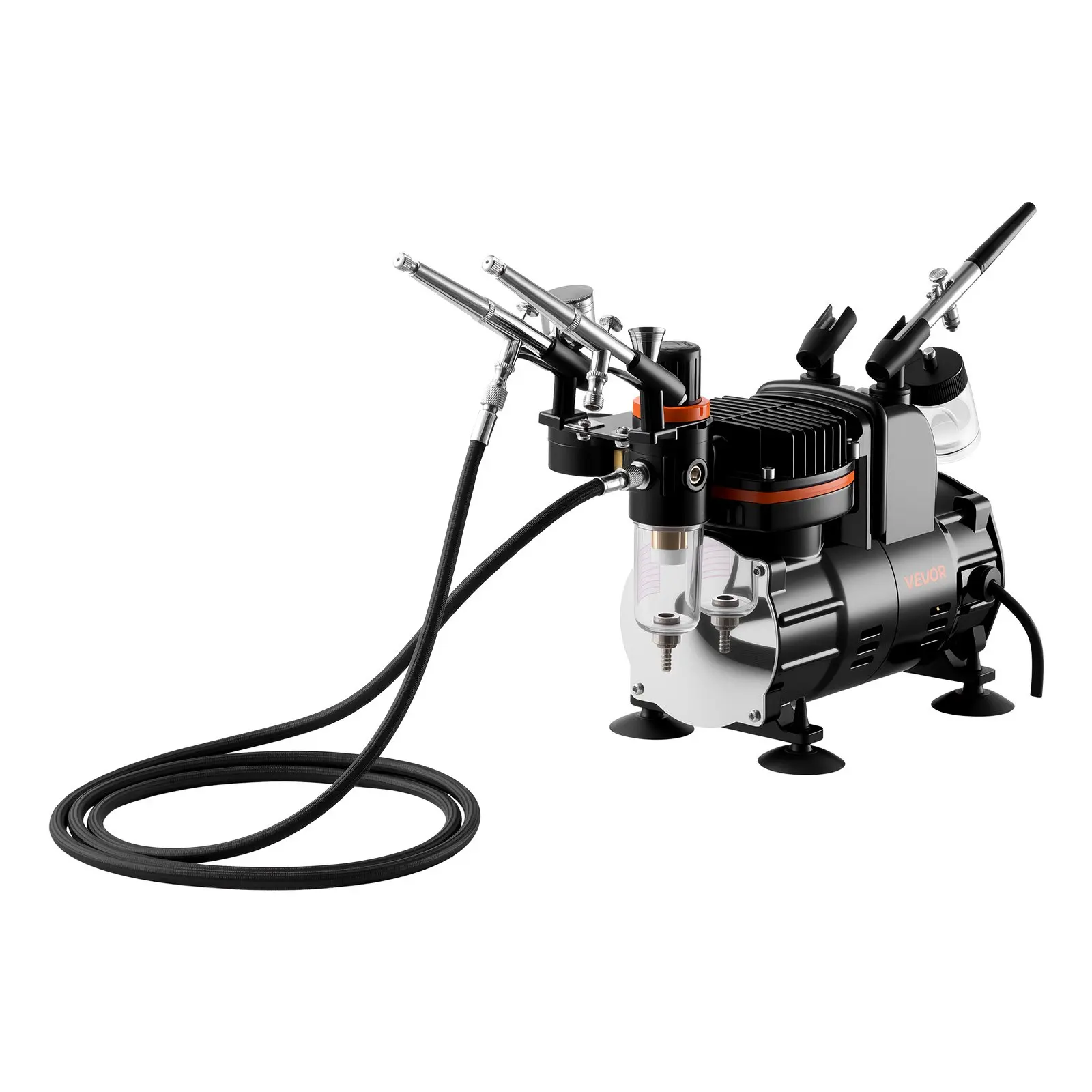 VEVOR Dual-Action Airbrush Kit with 1/6 HP Low-Noise 120V Air Compressor, 3 x 0.3 mm Tip Airbrushes, 20-23 L/min Airflow, Hose for Art, Precision Atomization, Versatile for Endless Projects, Cake Decorating