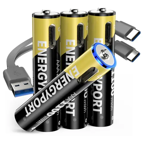 ENERGYPORT 4-Pack Rechargeable Battery Packs, 1.5V 1100mWh AAA Li-ion Universal Battery Chargers with USB-C Charging, Fast Charging, 1600 Cycles Constant Output, Over-Charge Protection, Easy Top-Up Charging Cable