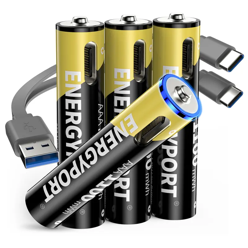 ENERGYPORT 4-Pack Rechargeable Battery Packs, 1.5V 1100mWh AAA Li-ion Universal Battery Chargers with USB-C Charging, Fast Charging, 1600 Cycles Constant Output, Over-Charge Protection, Easy Top-Up Charging Cable