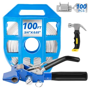 Banding Strapping Kit with Ratchet Tensioner/Cutter, 100FT×3/4'' 304 Steel Banding Coil with Blue Tray, 100PCs Buckle, 1×Hammer, Pallet Packaging Strapping Banding Tool for Packing