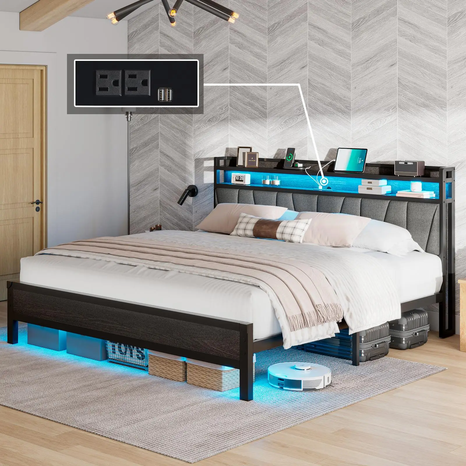 AMERLIFE Bed Frame with LED Lights and Charging Station, Modern Upholstered Headboard with 2-Tier Storage, Interior Metal Platform, Stable&Durable/Fur