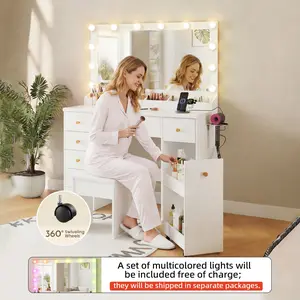 【Summervibes】LAKEMID 49.3-inch Extra-Large Vanity Table with Lighted Mirror, 12 Three-Color Adjustable LED Lights, Plus a Free Set of Rainbow Lights; Features 7 Drawers and a Pull-Out Storage Cabinet; Bedroom Makeup Mirror; Perfect Gifts(White)