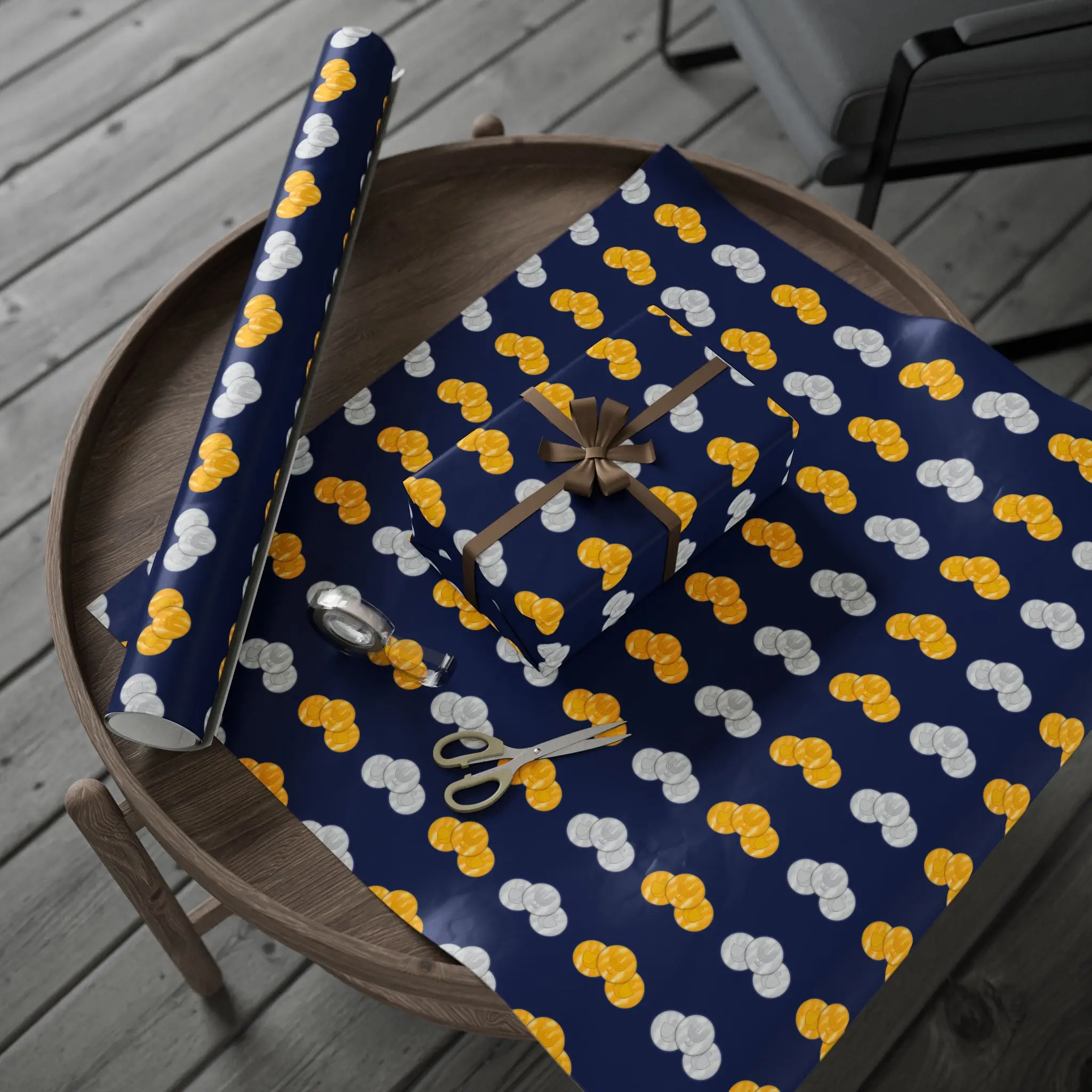 Navy Hanukkah Gelt Wrapping Paper Roll – Gold & Silver Gelt Gift Wrap with Sparkling Menorah and Dreidels
