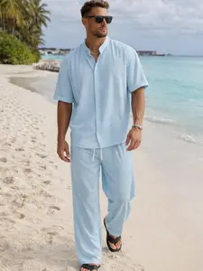 Men’s Summer Vacation Set | Textured Breathable Shirt & Relaxed Flow Pants 2-Piece